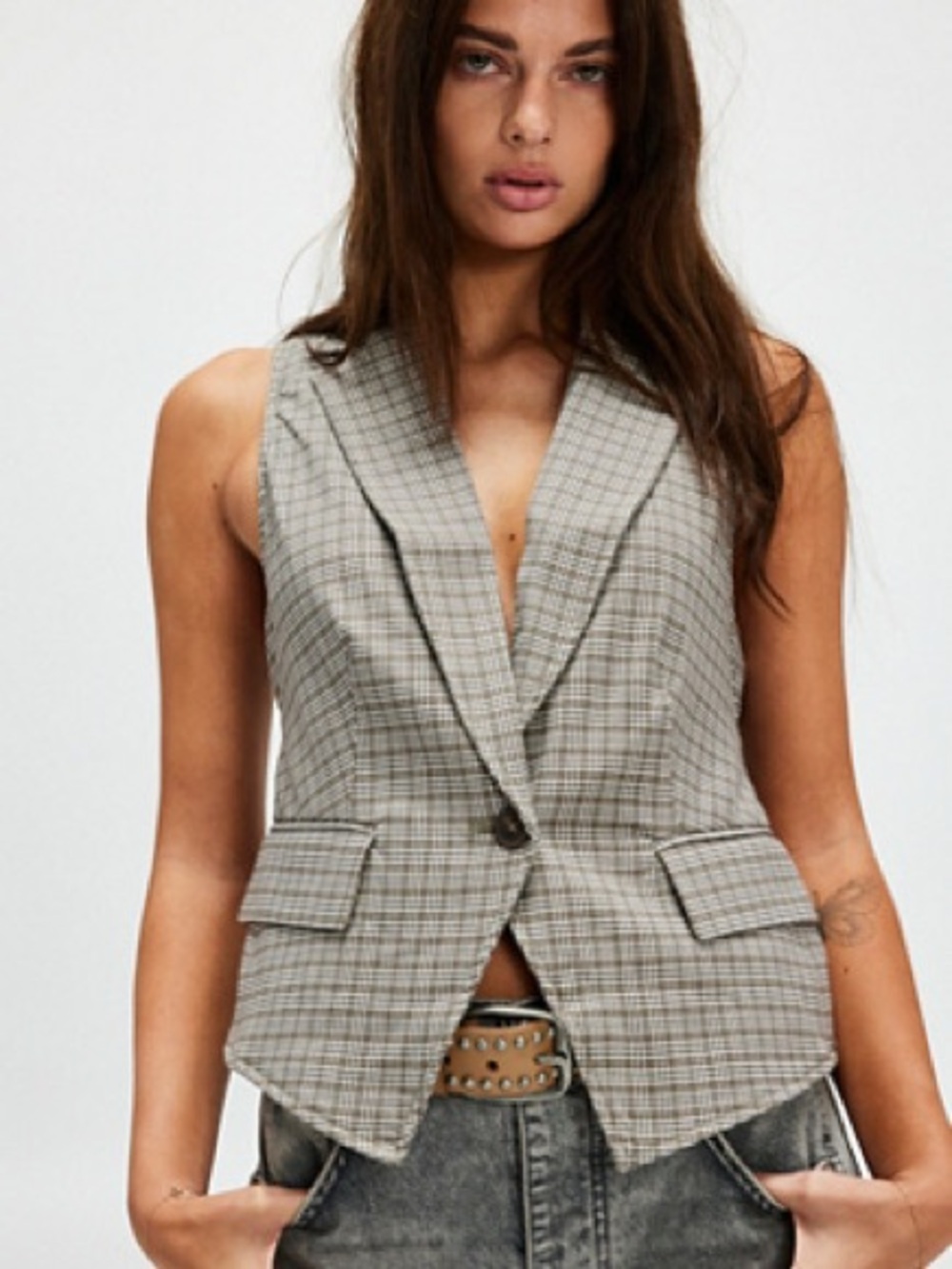 Free People Amber Belted Vest Plaid Tailored Femme Chic